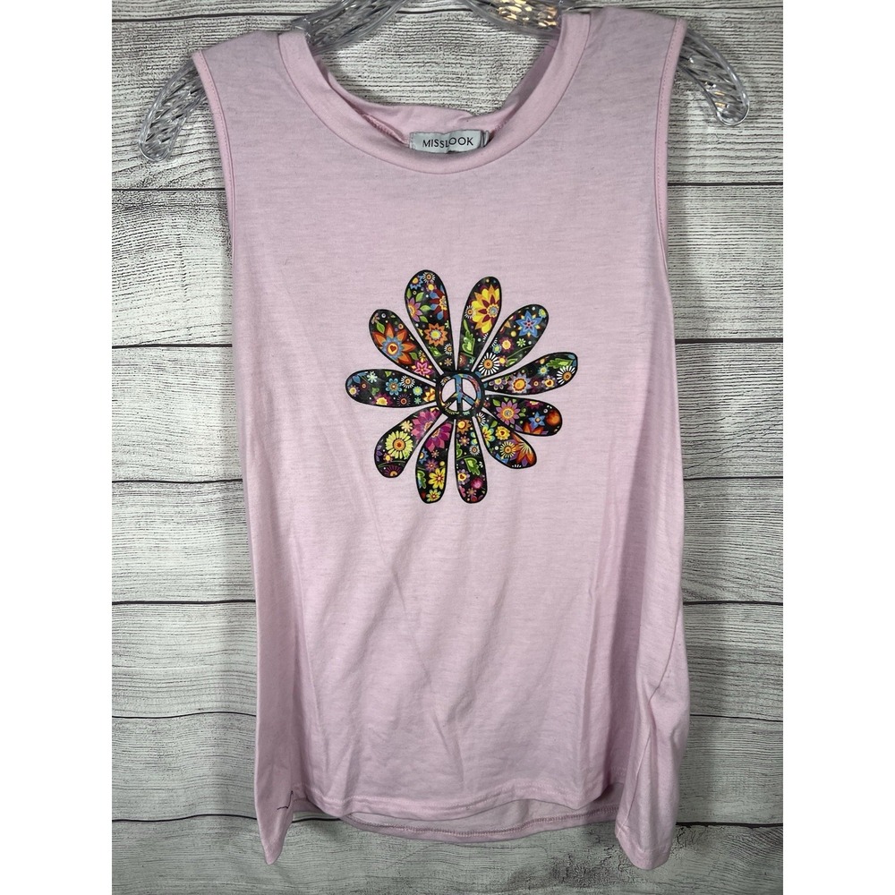 Vintage Y2K MissLook Women's Medium Pink Hippie Peace Flower Tank Top Boho